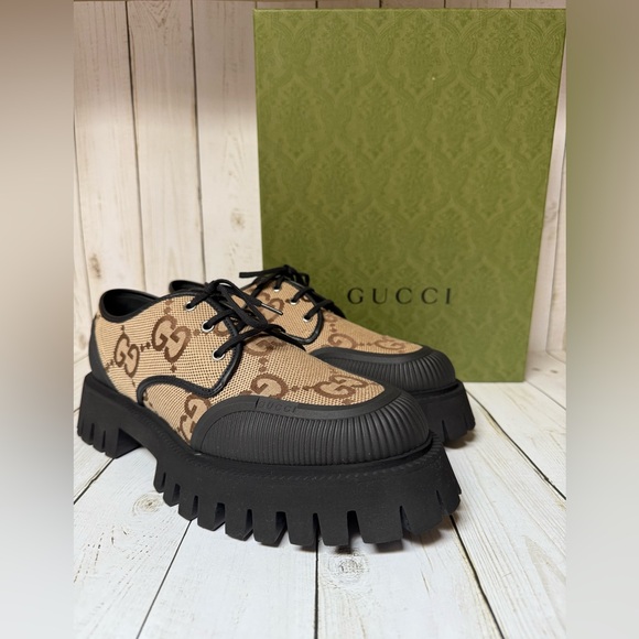 Gucci Other - Gucci Monogram Jumbo Maxi GG Lace Up Derby Camel Ebony Black Sz 11G / 12US